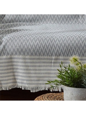 Gentry Zigzag Natural Keten Koltuk Örtüsü | Koltuk Şalı Çekyat Örtüsü | 170* 210 | Gri