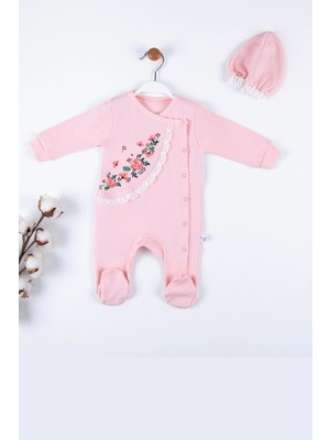 Beruflic Çiçek Nakışlı Şapkalı % 100 Pamuk Kız Bebek Tulumu