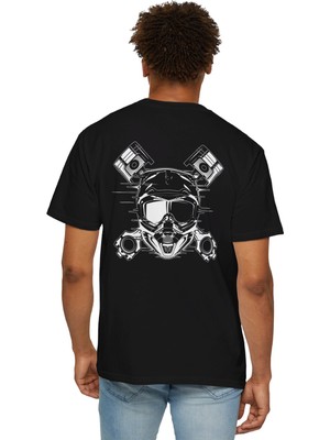 Young Fit Siyah Motorcu Erkek Tişört Sırt Baskılı %100 Pamuk