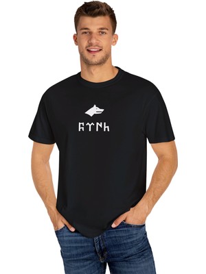 Young Fit Göktürk Alfabeli Türk Yazısı ve Kurt Baskılı Erkek Pamuk Tişört