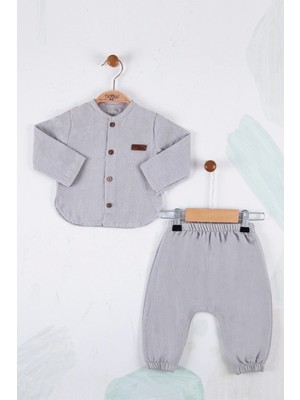 Beruflic Oval Kesim 5 Düğmeli Müslin Kumaş 2'li Erkek Bebek Takımı