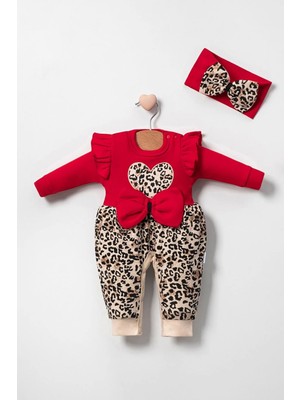 Beruflic Leopar Desenli Fiyonklu % 100 Pamuk Kız Bebek Tulum