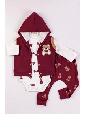 Beruflic Bear Nakışlı Yelekli 3'lü Erkek Bebek Takımı