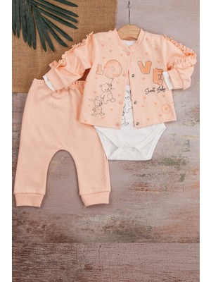 Beruflic Love Tavşan Desenli Kol Detaylı 3'lü Hırkalı Kız Bebek Takım
