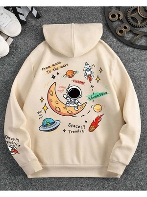 Belabre Oversize Unisex From Moom Baskılı Bej Kapüşonlu Sweatshirt