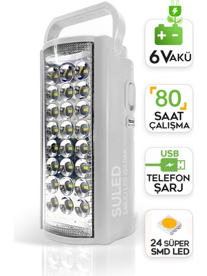 Suled Kamp Lambası USB Şarj Çıkışlı 6V Akülü 80 Saat - 3gün Aydınlatma 24 Smd LED Işıldak Lamba 220V Şarj