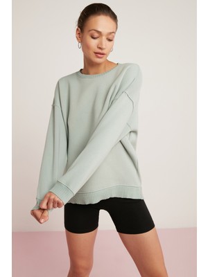 Ethiquet Brenda Kadın İçi Polarlı Yumuşacık Yuvarlak Yaka Kaşkorse Detaylı Oversize Mint Yeşil Sweatshirt