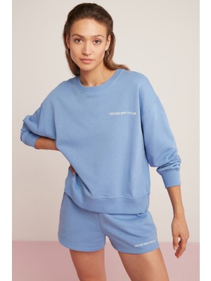 Ethiquet Sandra Kadın İçi Polarlı Yumuşacık Göğsü Baskılı Yuvarlak Yaka Comfort Fit Mavi Sweatshirt