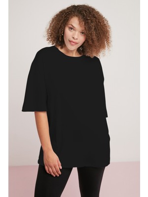 Ethiquet Gabrielle Kadın Bisiklet Yaka Yakası Kaşkorse Oversize Düz Siyah Büyük Beden T-Shirt