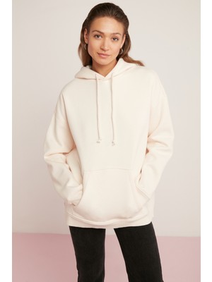 Ethiquet Carly Kadın İçi Polarlı Yumuşacık Kapüşonlu Kanguru Cepli Oversize Ekru Sweatshirt