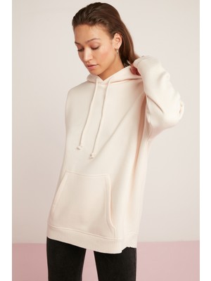 Ethiquet Carly Kadın İçi Polarlı Yumuşacık Kapüşonlu Kanguru Cepli Oversize Ekru Sweatshirt