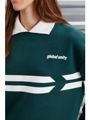 Arlene Relaxedarlene Kadın Içi Polarsız Polo Yaka Parça Baskı Detaylı Yeşil Sweatshirt