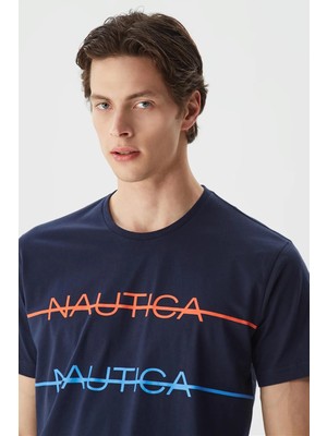 Nautica % 100 Pamuk Marka Baskılı Bisiklet Yaka Standart Fit T Shirt Erkek T Shirt V35530T 4nv