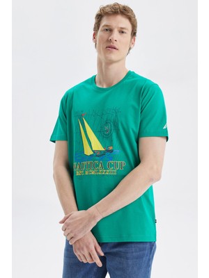 Nautica Baskılı % 100 Pamuk Standart Fit Bisiklet Yaka T Shirt Erkek T Shirt V35519T 3px