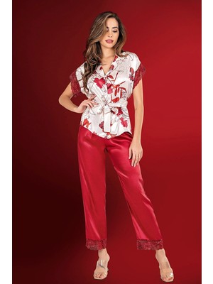 Aria's Closet Dantelli Saten Bordo Pijama Takım