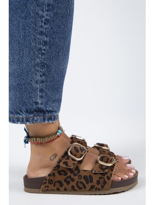Manijero Jazmin Leopar Kadın Deri Çift Tokalı Taba Terlik