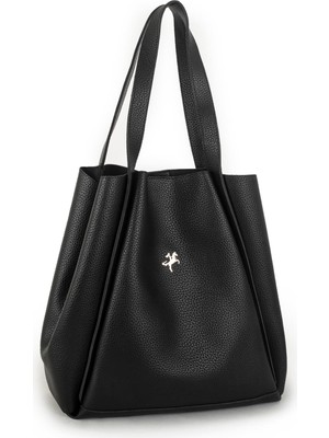 Nas Bag Kadın Büyük Boy Büzmeli Yavrulu Çıtçıtlı Tote Bag Omuz Çantası Siyah