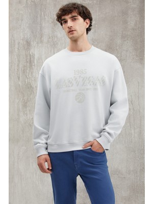 Grimelange Jochen Erkek Oversize Fit Kadife Kolej Baskılı Içi Polarlı Gri Sweatshirt