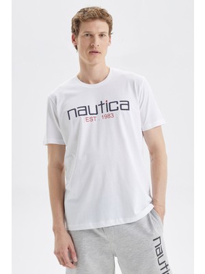 Nautica Baskılı % 100 Pamuk Standart Fit Bisiklet Yaka T Shirt Erkek T Shirt V35527T 1bw