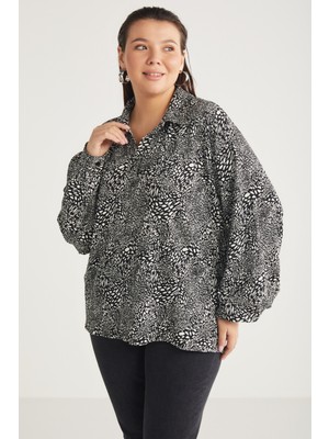 Ethiquet Paulinebb Kadın Bürümcük Kumaşlı Balon Kollu Desenli SiyahBeyaz Büyük Beden Gömlek