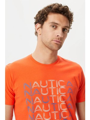 Nautica % 100 Pamuk Marka Baskılı Bisiklet Yaka Standart Fit T Shirt Erkek T Shirt V35528T 8tr