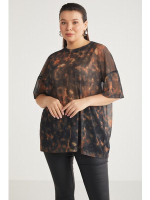 Ethiquet GLorinda Kadın Yarasa Kol Batik Baskılı Siyah Büyük Beden T-Shirt