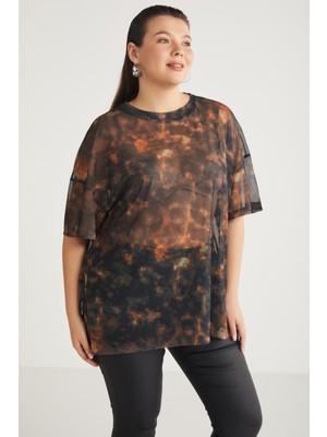 Ethiquet GLorinda Kadın Yarasa Kol Batik Baskılı Siyah Büyük Beden T-Shirt