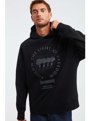 Olympos Erkek %100 Organik Pamuk 3 Iplik Oversize Baskılı Kapüşonlu Kordonlu Siyah Sweatshirt