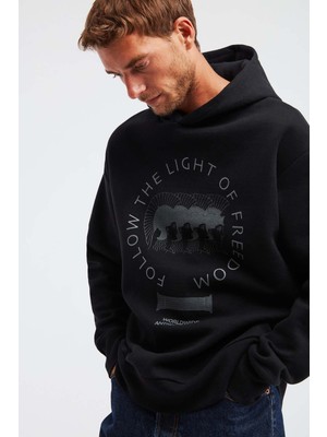 Olympos Erkek %100 Organik Pamuk 3 Iplik Oversize Baskılı Kapüşonlu Kordonlu Siyah Sweatshirt