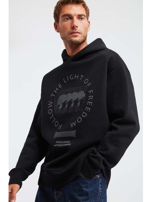 Olympos Erkek %100 Organik Pamuk 3 Iplik Oversize Baskılı Kapüşonlu Kordonlu Siyah Sweatshirt