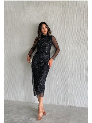 Woolnclyde Kadın Siyah Hakim Yaka Gold Puantiye Detay Transparan Tül Kollu Astarlı Drapeli Midi Abiye Elbise