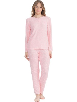 U.S. Polo Assn. 17099 Kadın Pembe Uzun Kollu Yuvarlak Yaka Patlı Pijama Takım