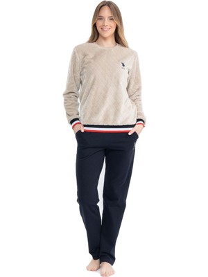 U.S. Polo Assn. 17079 Kadın Bej Uzun Kollu Yuvarlak Yaka Pijama Takım