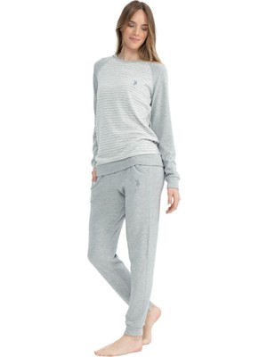 U.S. Polo Assn. 17084 Kadın Gri Melanj Uzun Kollu Yuvarlak Yaka Pijama Takım
