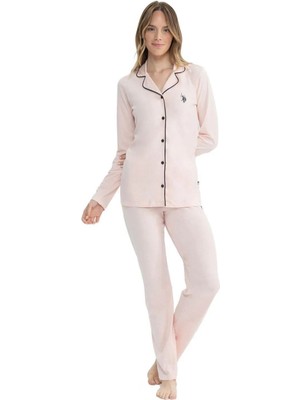 U.S. Polo Assn. 11000 Kadın Pembe Uzun Kollu Önden Düğmeli Gömlek Pijama Takım