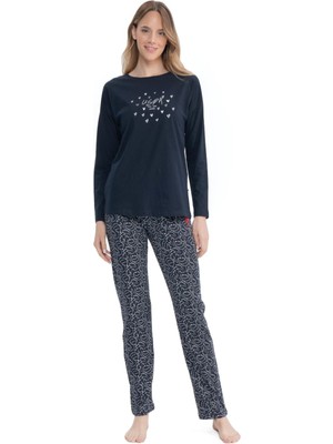 U.S. Polo Assn. 17116 Kadın Lacivert Uzun Kollu Yuvarlak Yaka Pijama Takım