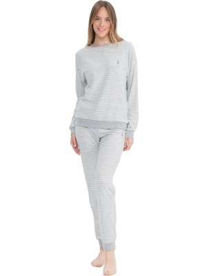 U.S. Polo Assn. 17082 Kadın Gri Melanj Uzun Kollu Yuvarlak Yaka Pijama Takım