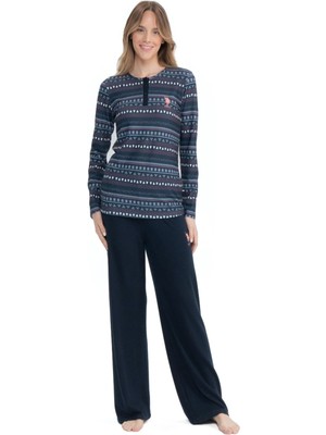 U.S. Polo Assn. 17113 Kadın Lacivert Uzun Kollu Yuvarlak Yaka Patlı Pijama Takım