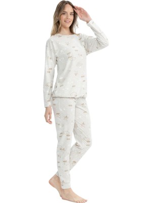 U.S. Polo Assn. 17120 Kadın Bej Melanj Uzun Kollu Yuvarlak Yaka Pijama Takım