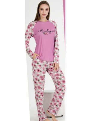 Pembe Üzeri Çiçekli M-L-XL Penye Pijama Takımı