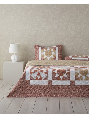 English Home Vintage Lace Patchwork Çok Amaçlı Çift Kişilik Yatak Örtüsü Takımı Terracotta