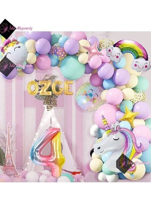 4 Harfli 4 Yaş Gökkuşağı Konsepti Unicorn Temalı Makaron Balon Doğum Günü Parti Kutlama Seti
