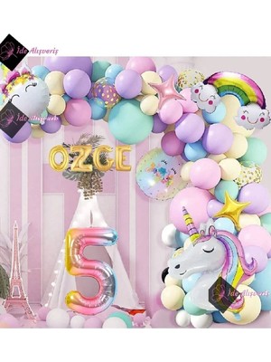 4 Harfli 5 Yaş Gökkuşağı Konsepti Unicorn Temalı Makaron Balon Doğum Günü Parti Kutlama Seti