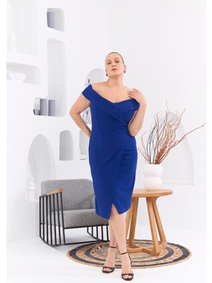 Rmg Kayık Yaka Büyük Beden Saks Elbise