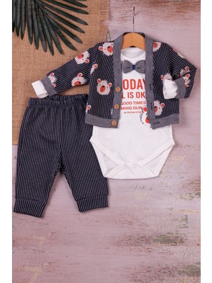Beruflic Papyonlu Bear Çizgili Model Ceketli 3'lü Erkek Çocuk Takımı