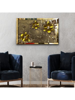 First Art Of Gallery Altın Sarısı Çiçekler Taşlı Desen Gold Ayna Pleksi Çerçeli Tablo