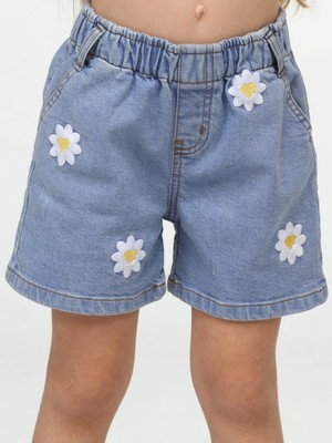 Casabony Çiçekli Nakışlı Kız Çocuk Denim Şort Normal Bel ve Rahat Kesim ile Yazlık Kullanım