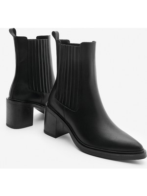 Marjin Kadın Sivri Burun Çift Lastikli Kalın Topuklu Bot Solav Siyah