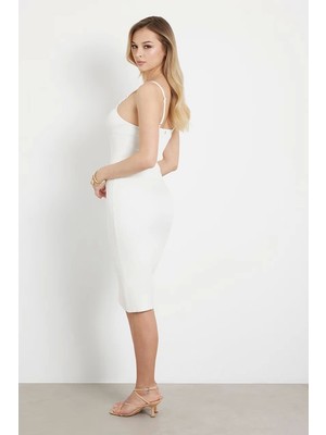 Guess Kadın Beyaz Bodycon Triko Midi Elbise