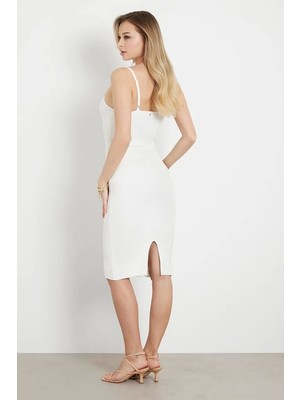 Guess Kadın Beyaz Bodycon Triko Midi Elbise